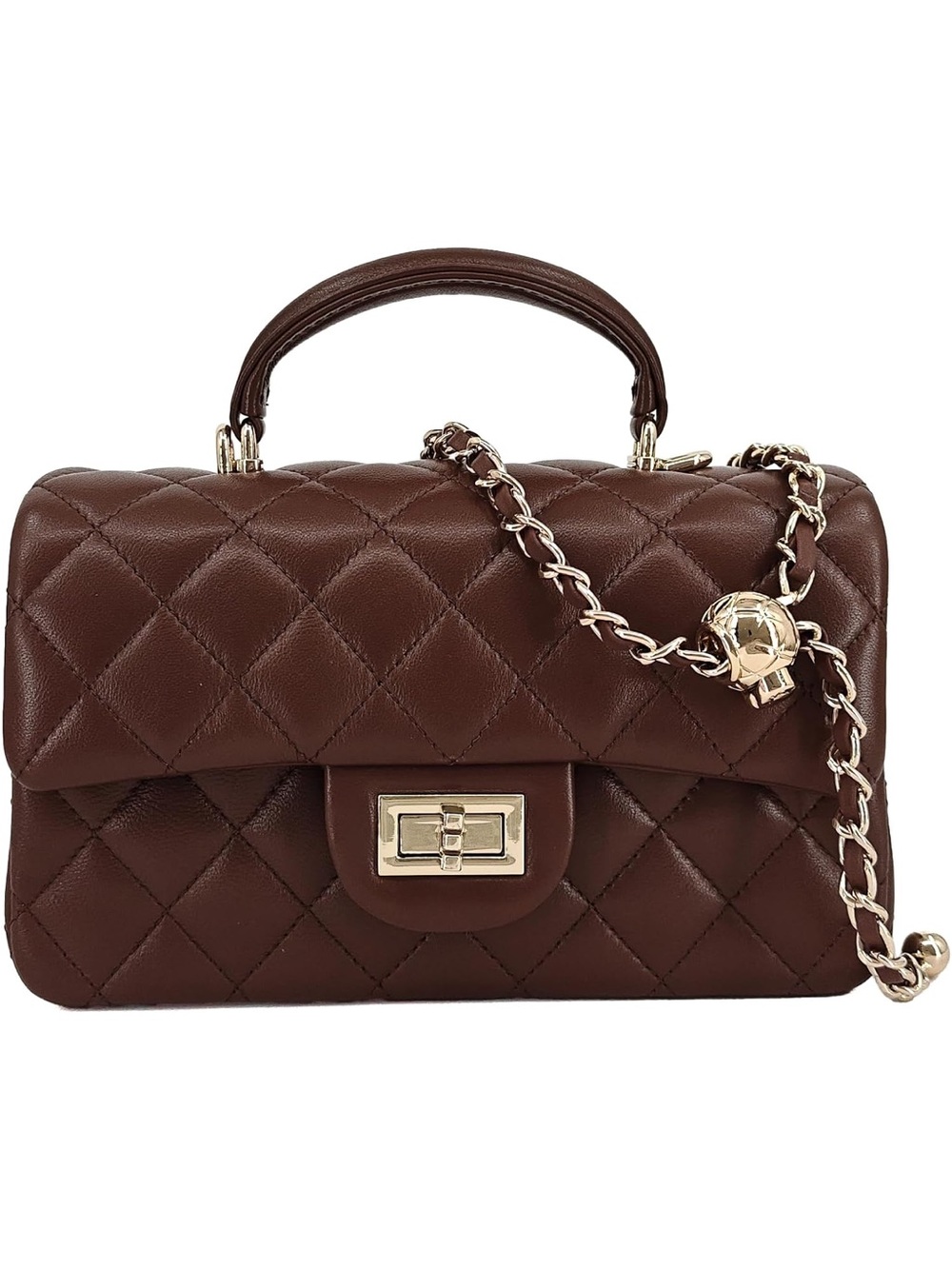 🆕 Coco Brown Quilted Lambskin Mini Bag Purse Top-Handle Crossbody Gold Chain NEW